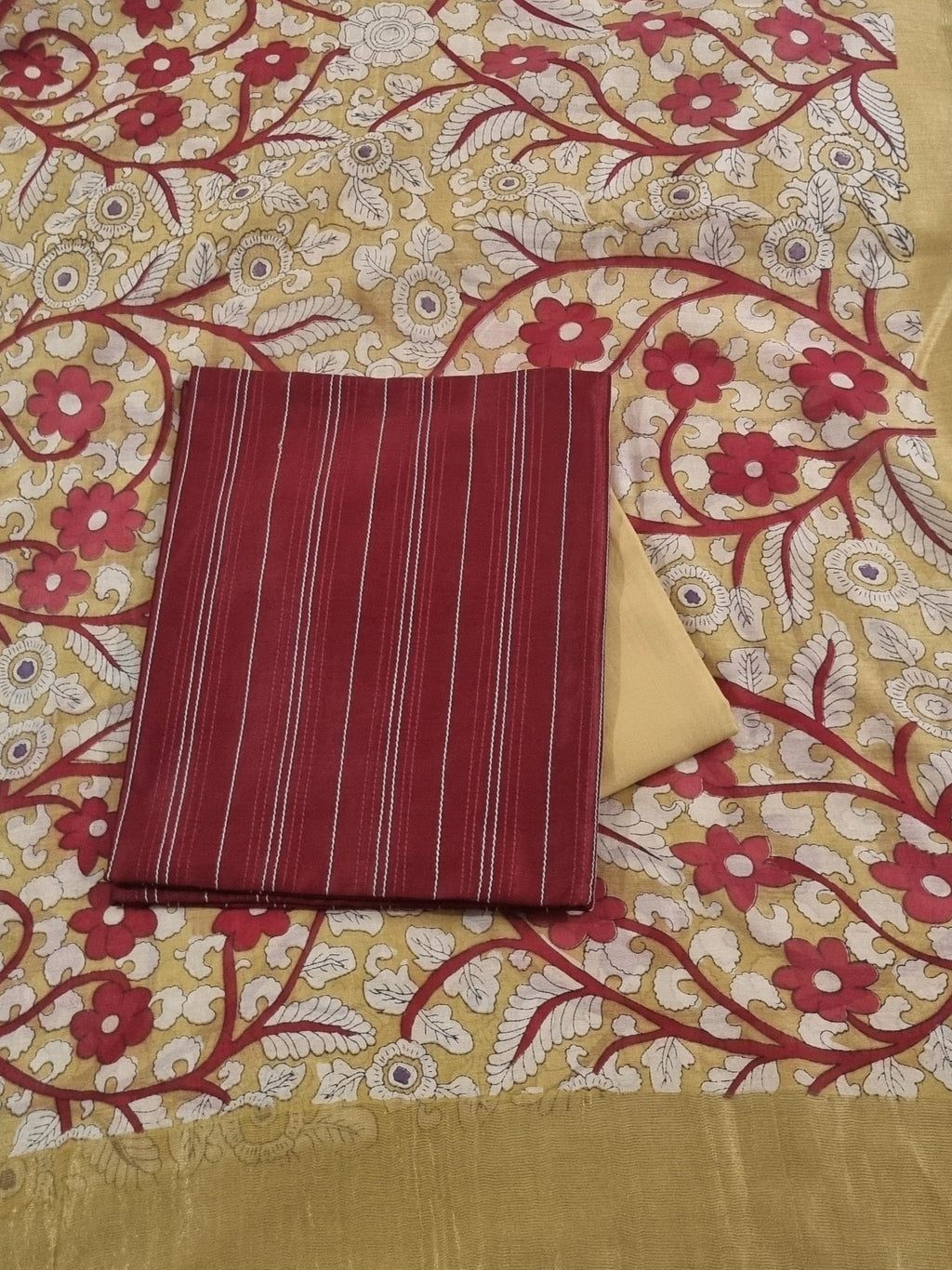 Maroon yellow Kalamkari Chanderi 3-piece unstitched suit – editorial shot