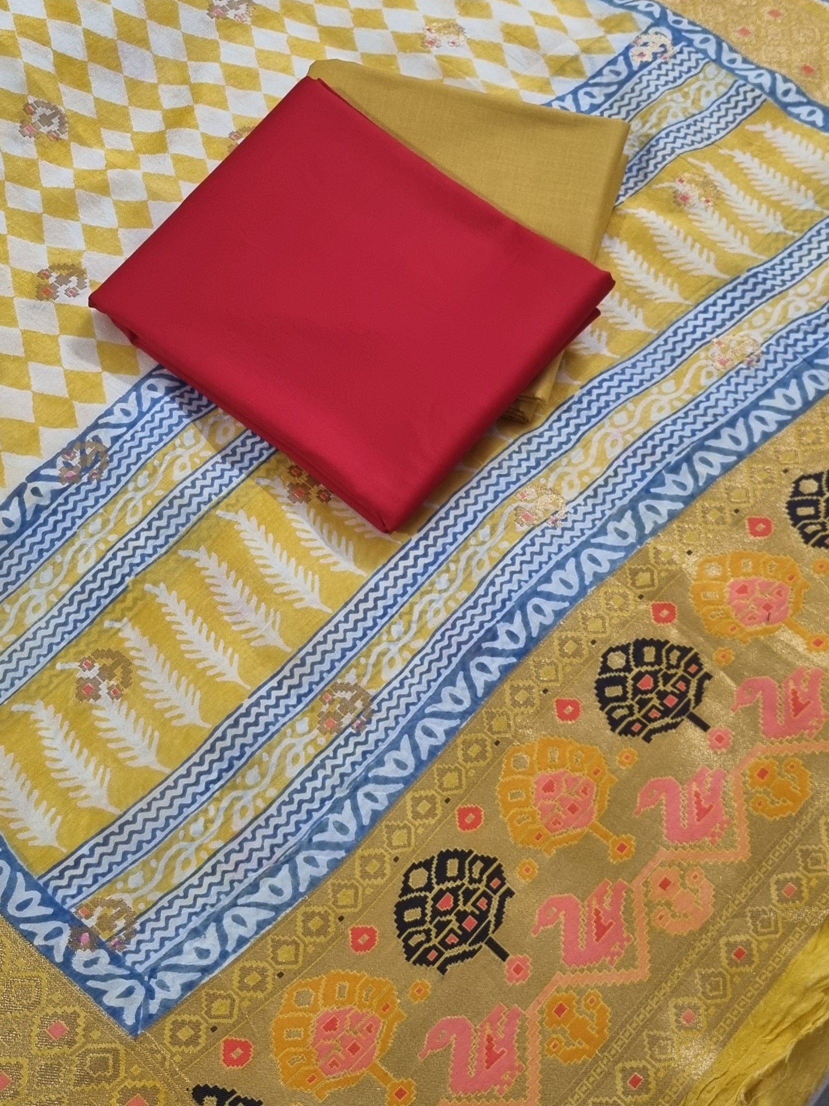 Red & Yellow 3-piece unstitched salwar suit set — Glaze Cotton & Dola Silk Indian handloom dress material SKU 1239