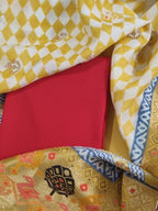 Yellow Dola Silk dupatta with Bagh print & golden Zari motifs — Indian handloom unstitched suit set SKU 1239