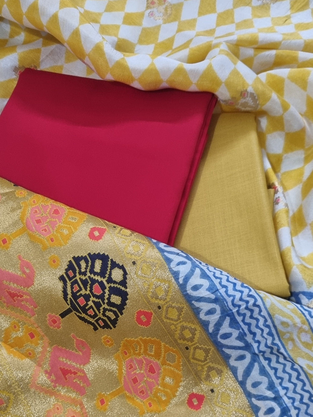Heavy Brocade Pallu with golden Zari border on Dola Silk dupatta — Indian handloom festive suit set SKU 1239