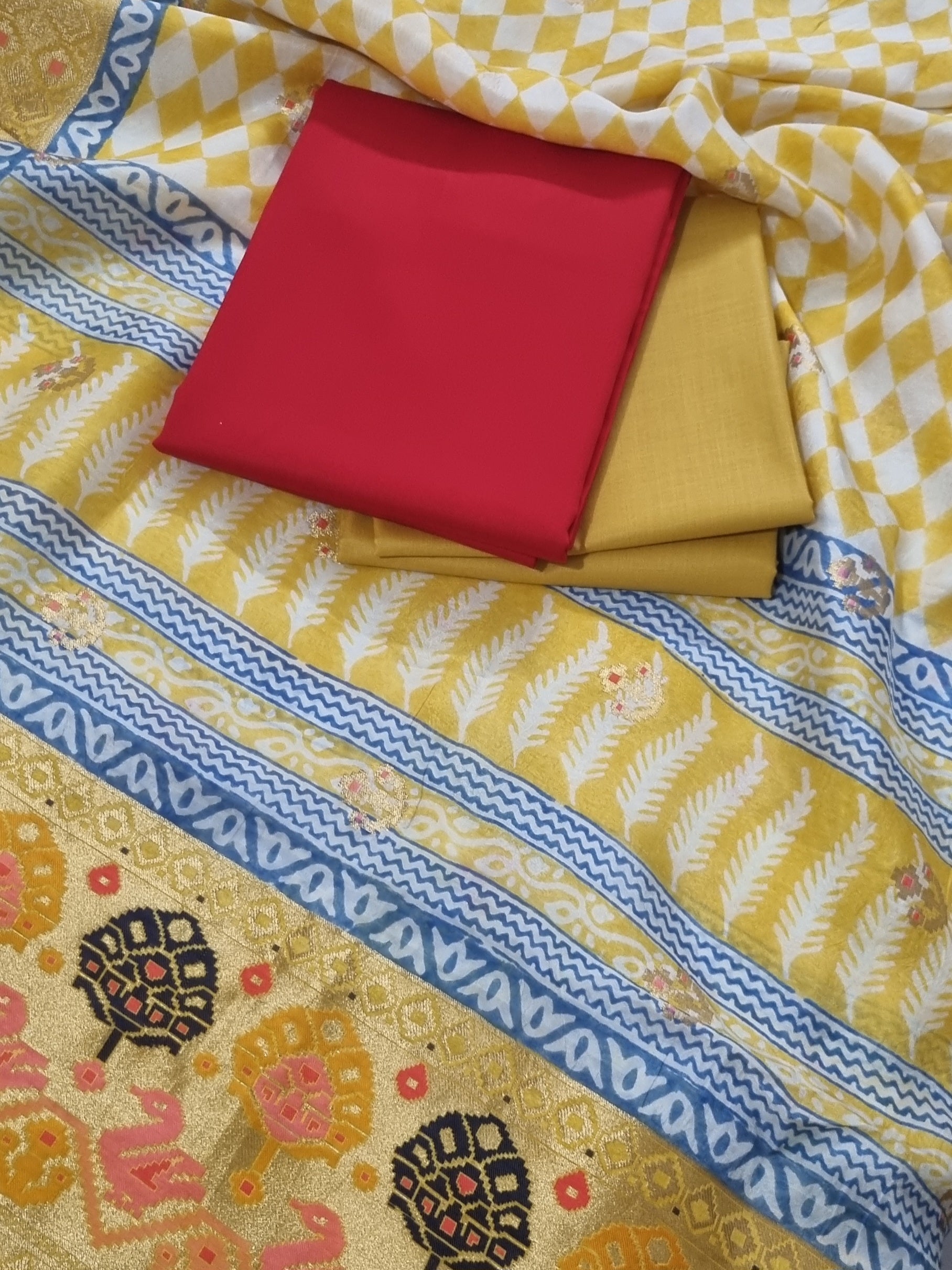 Golden Zari Buti motifs on Dola Silk dupatta — Bagh print Indian handloom unstitched suit SKU 1239
