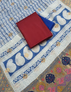 Flat Lay of 3-Piece Unstitched Suit - Maroon Top, Bottom & Royal Blue Dupatta