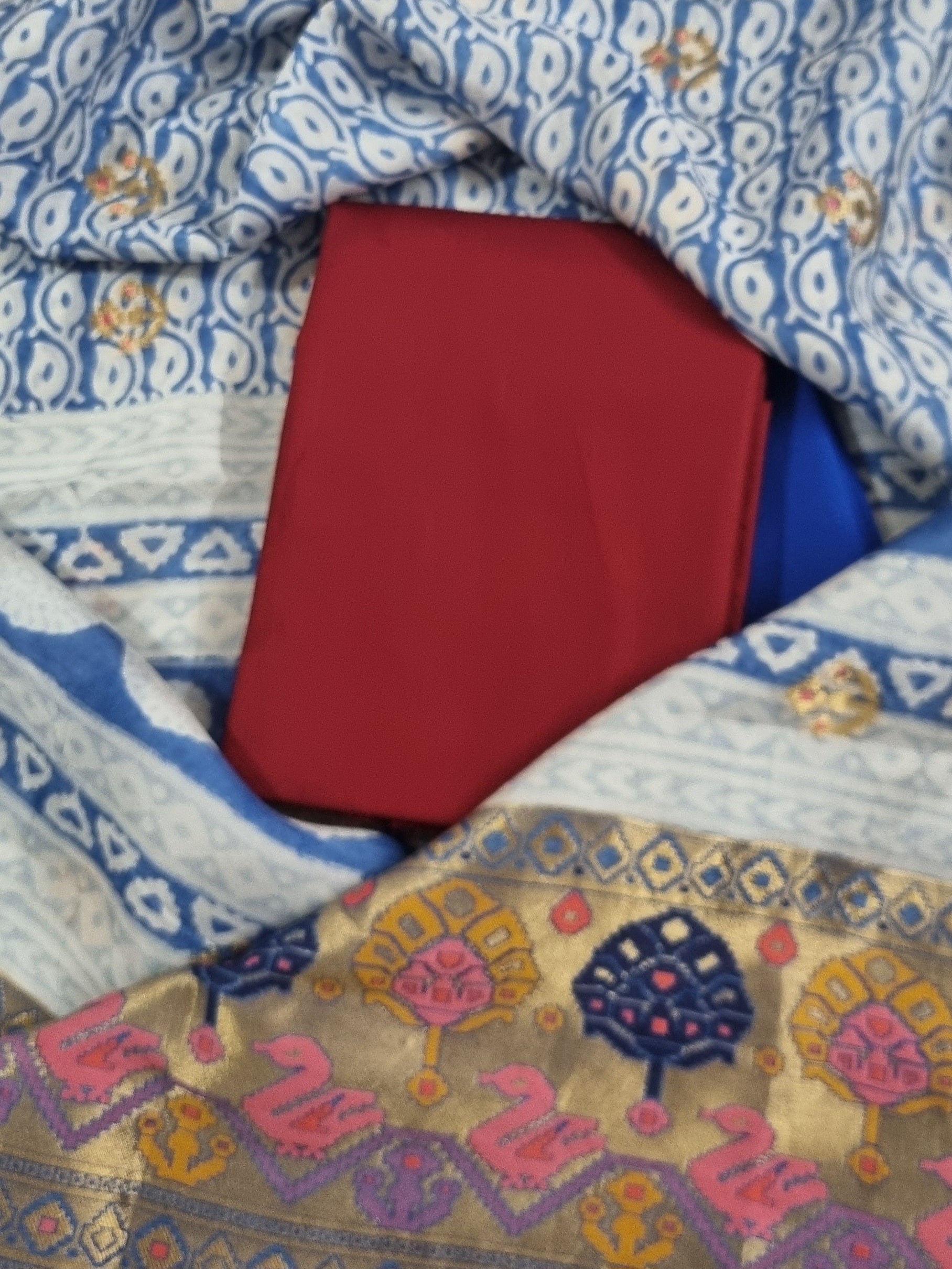 Close-up of Brocade Pallu on Royal Blue Dola Silk Dupatta with Woven Gold Motifs