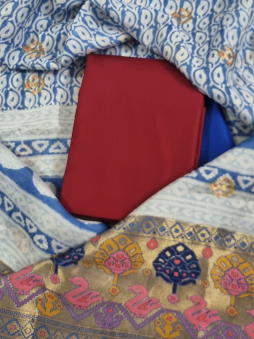 Close-up of Brocade Pallu on Royal Blue Dola Silk Dupatta with Woven Gold Motifs
