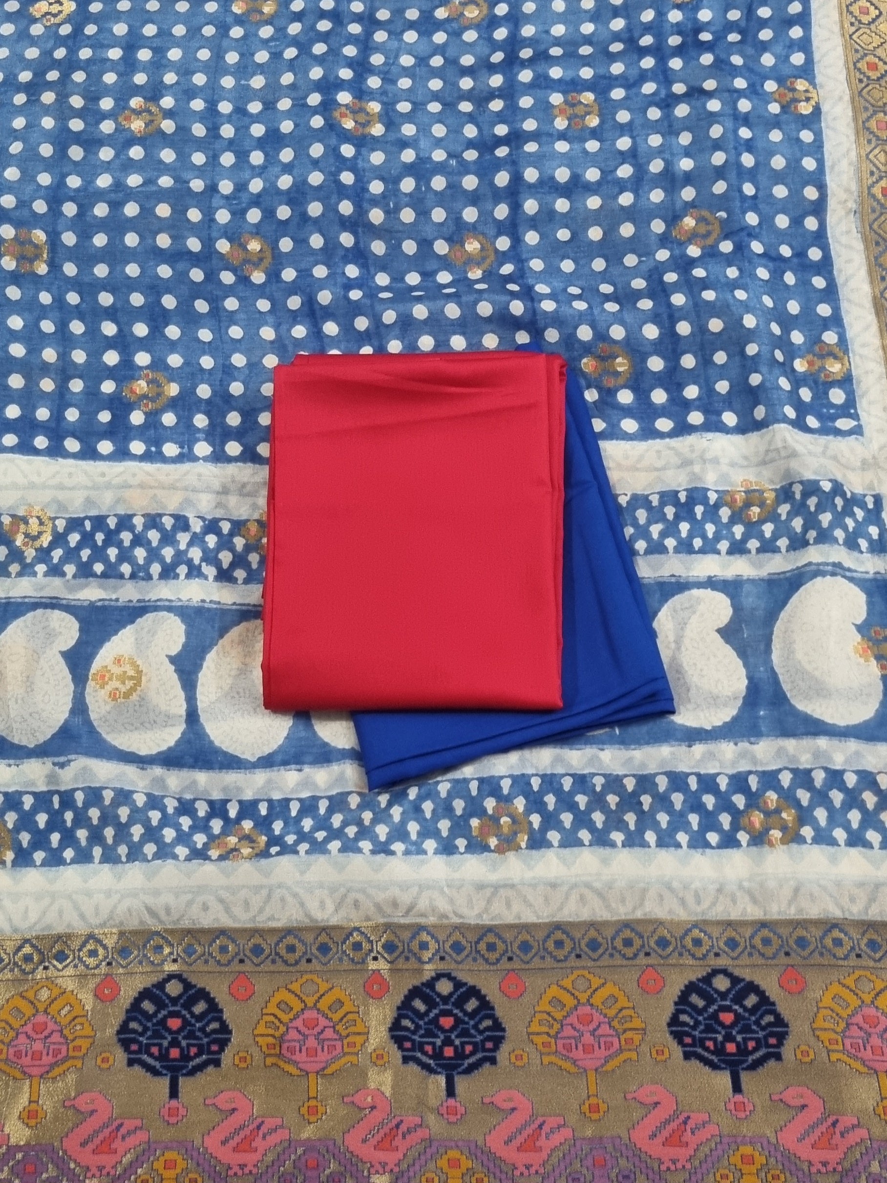 Royal Blue Dola Silk dupatta with Bagh print & golden Zari motifs — Indian handloom unstitched suit set SKU 1238
