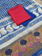 Fuchsia Pink & Royal Blue 3-piece unstitched salwar suit set — Glaze Cotton & Dola Silk Indian handloom dress material SKU 1238