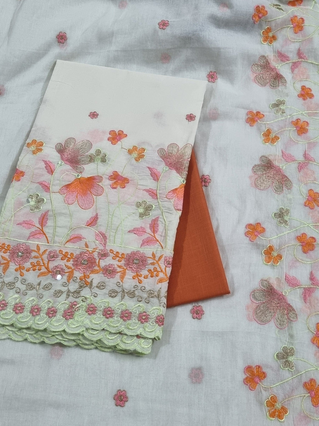 Unstitched Cream Orange Cotton Suit Set – Top & Bottom Fabric – SKU 1236
