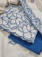 Side view of 3-piece unstitched ethnic suit set in cream and blue – handloom cotton – Tantuvanacrafts
