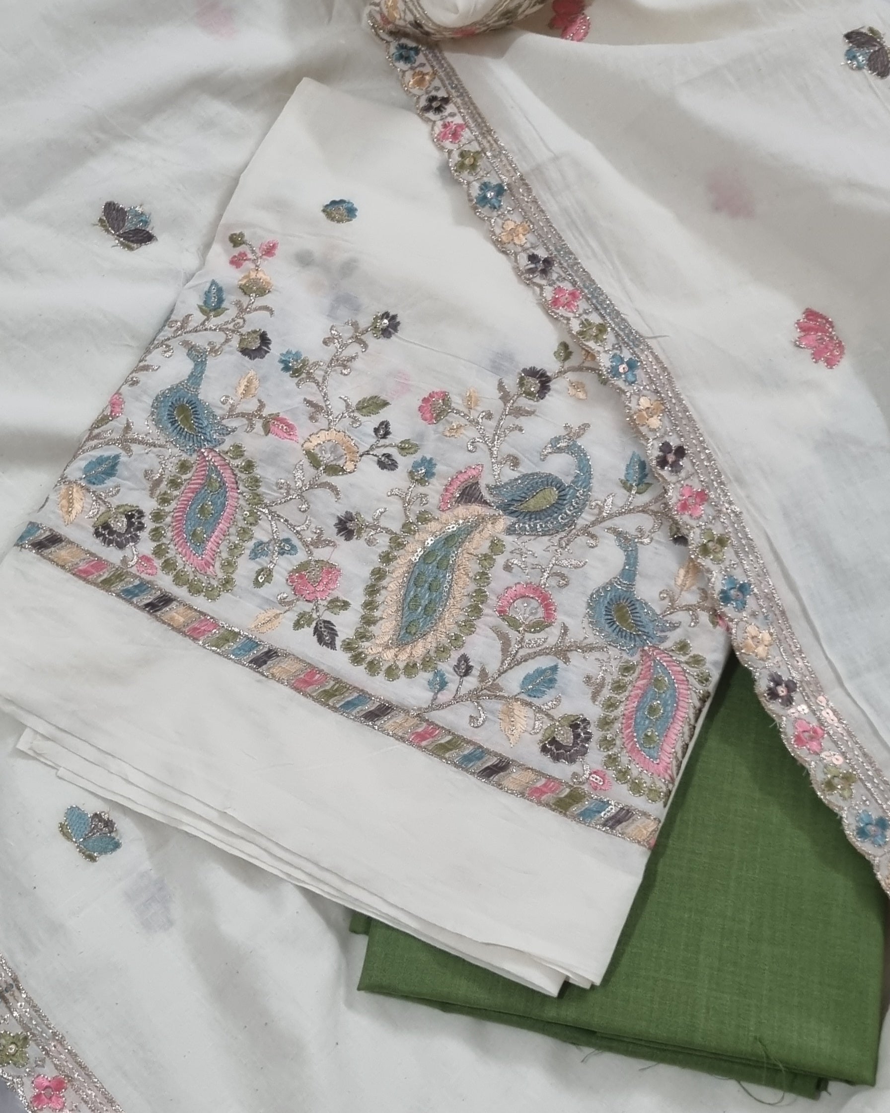 Cream & Green Handloom Cotton 3-Piece Suit Set 