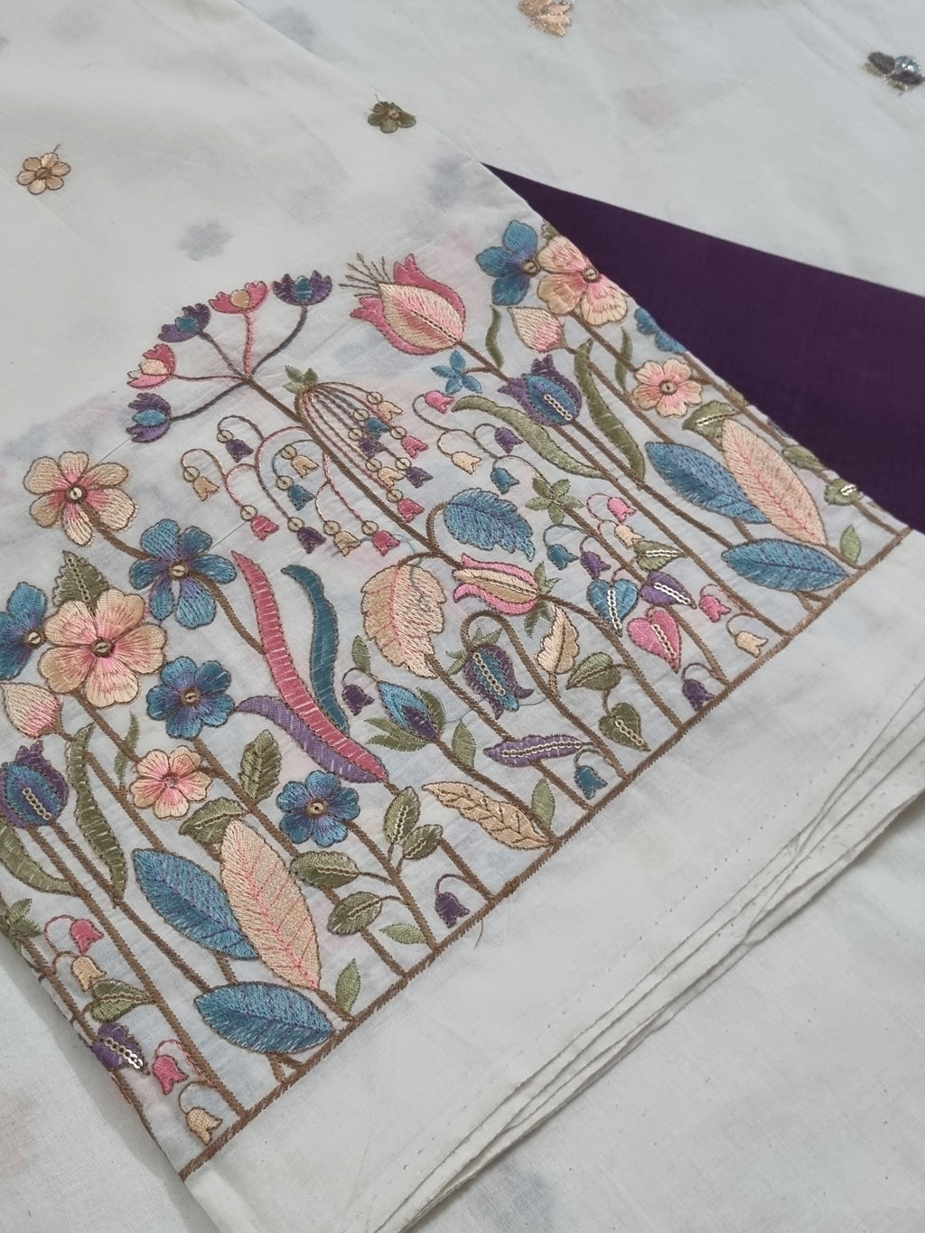 Cream and purple embroidered cotton unstitched suit set – detail view - SKU 1233