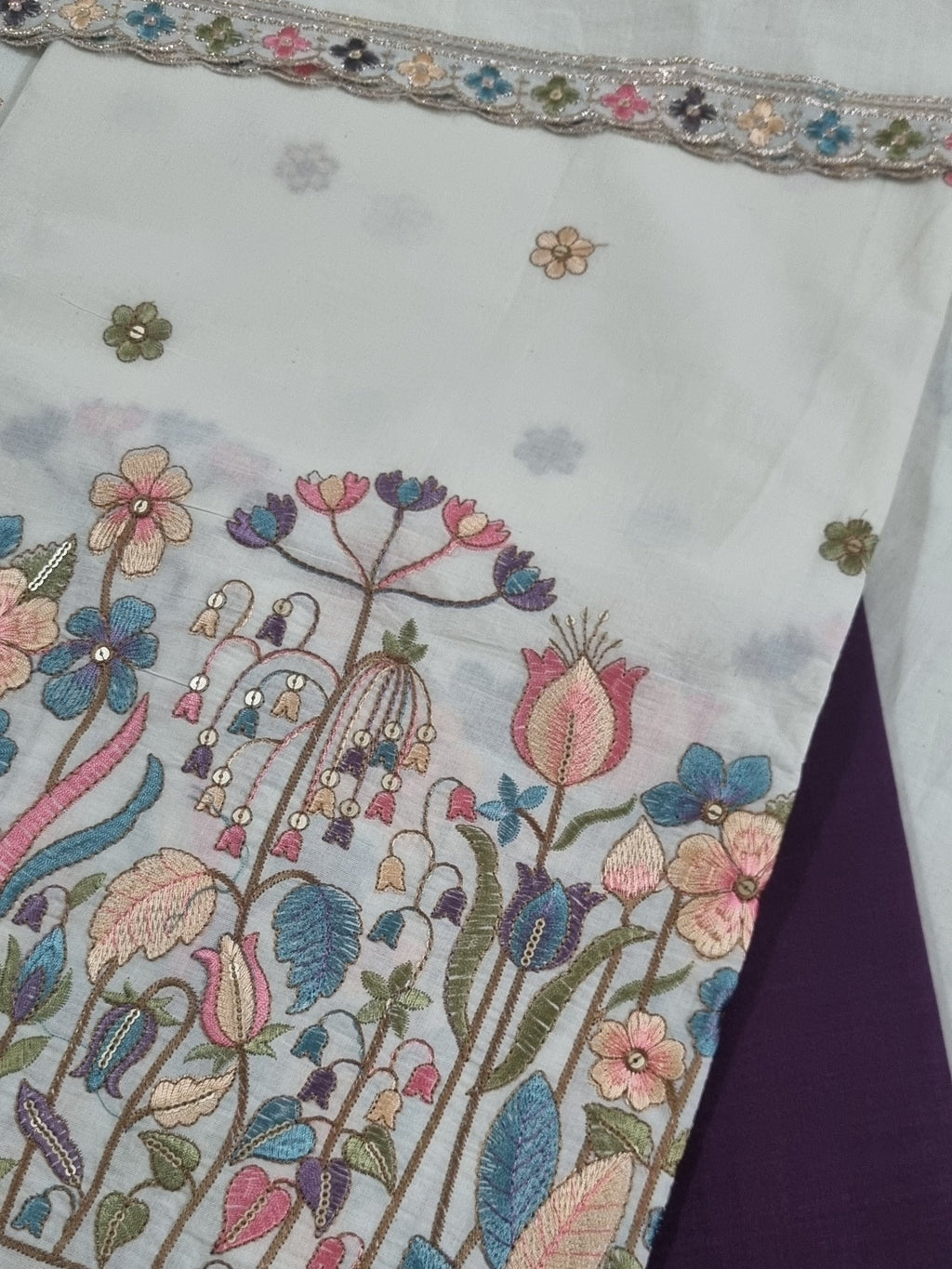 Purple embroidered cotton suit set with cream dupatta – side view - Tantuvanacrafts