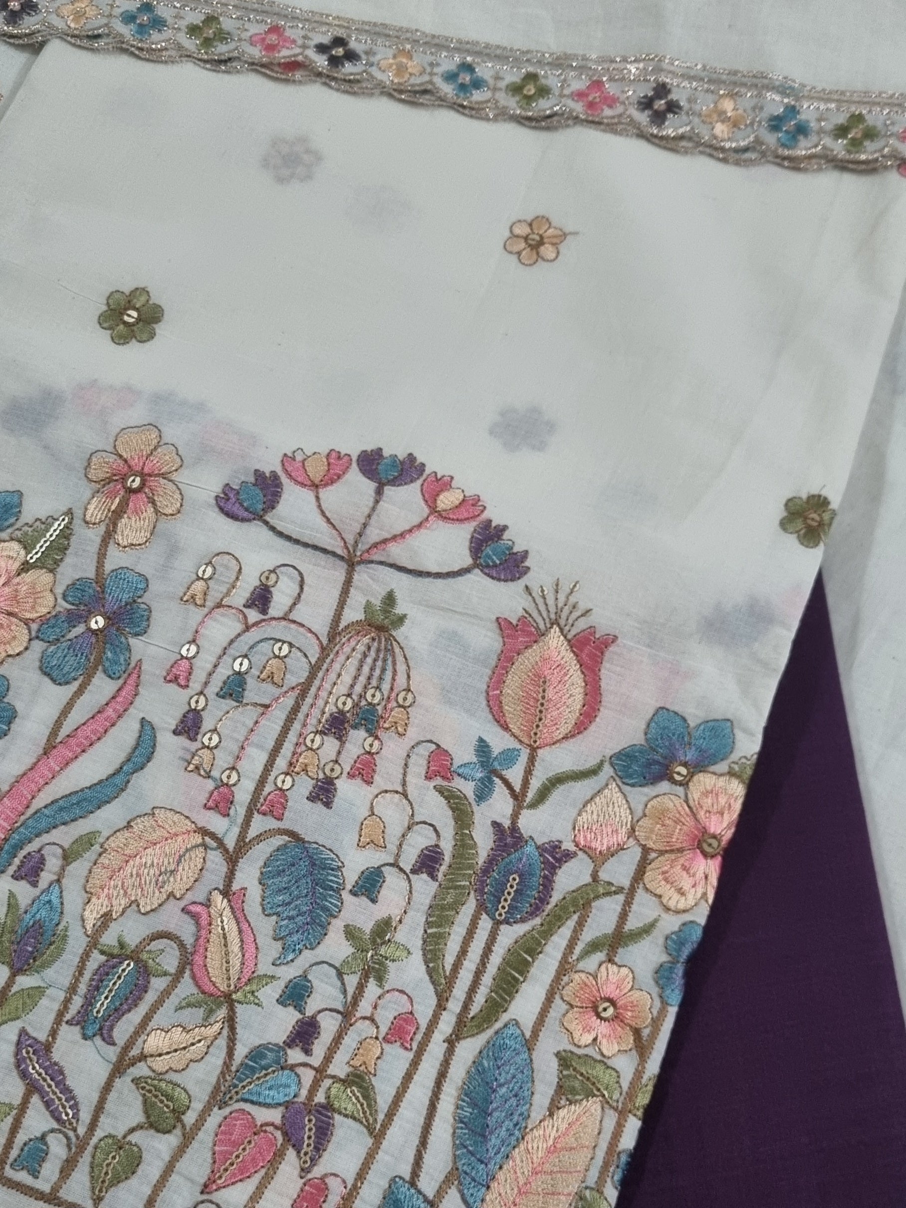 Purple embroidered cotton suit set with cream dupatta – side view - Tantuvanacrafts