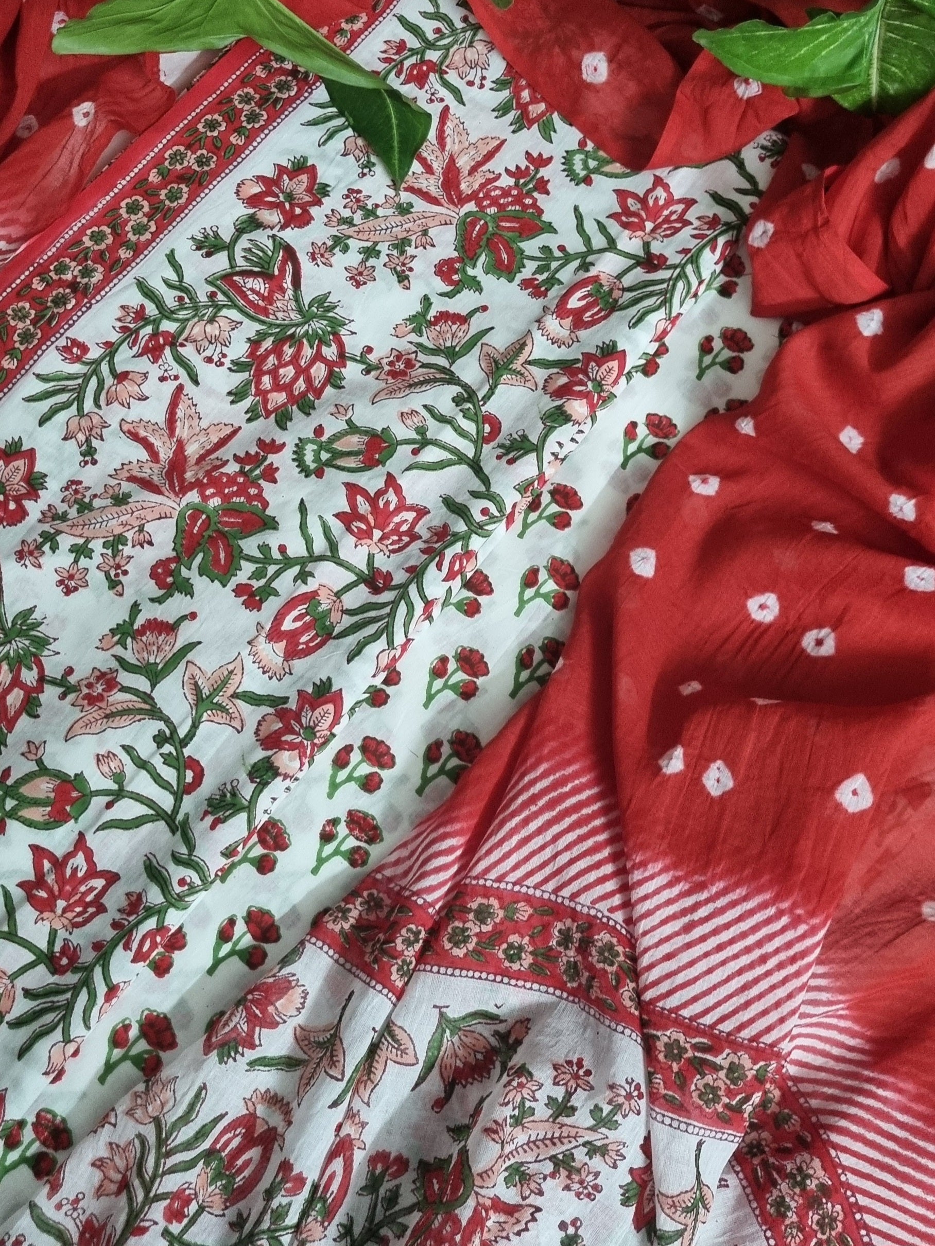 White and Red Block Print Cotton 3-Piece Unstitched Suit – Close View