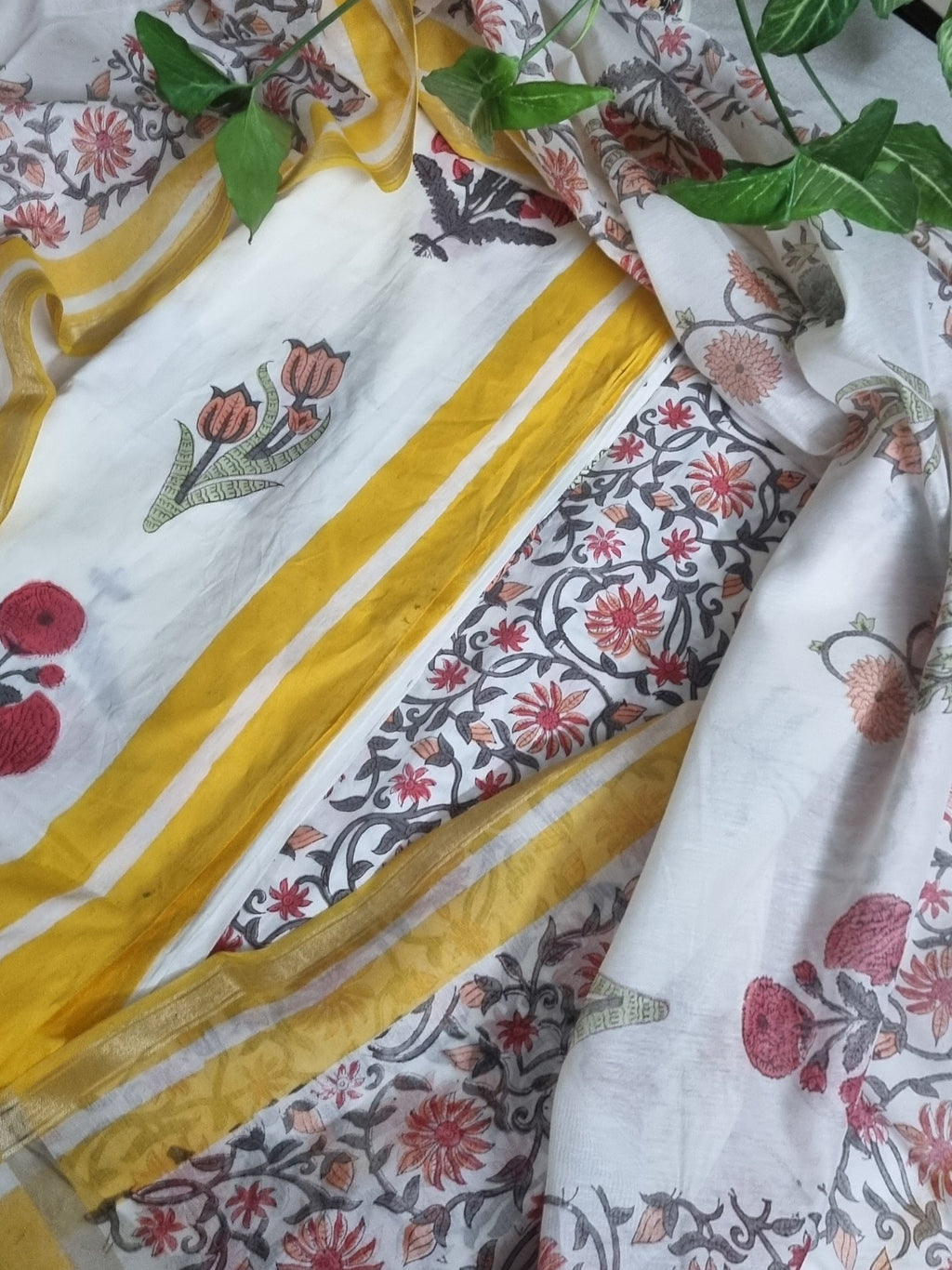 Cotton unstitched suit set with Mughal block print and Chanderi silk dupatta – side view