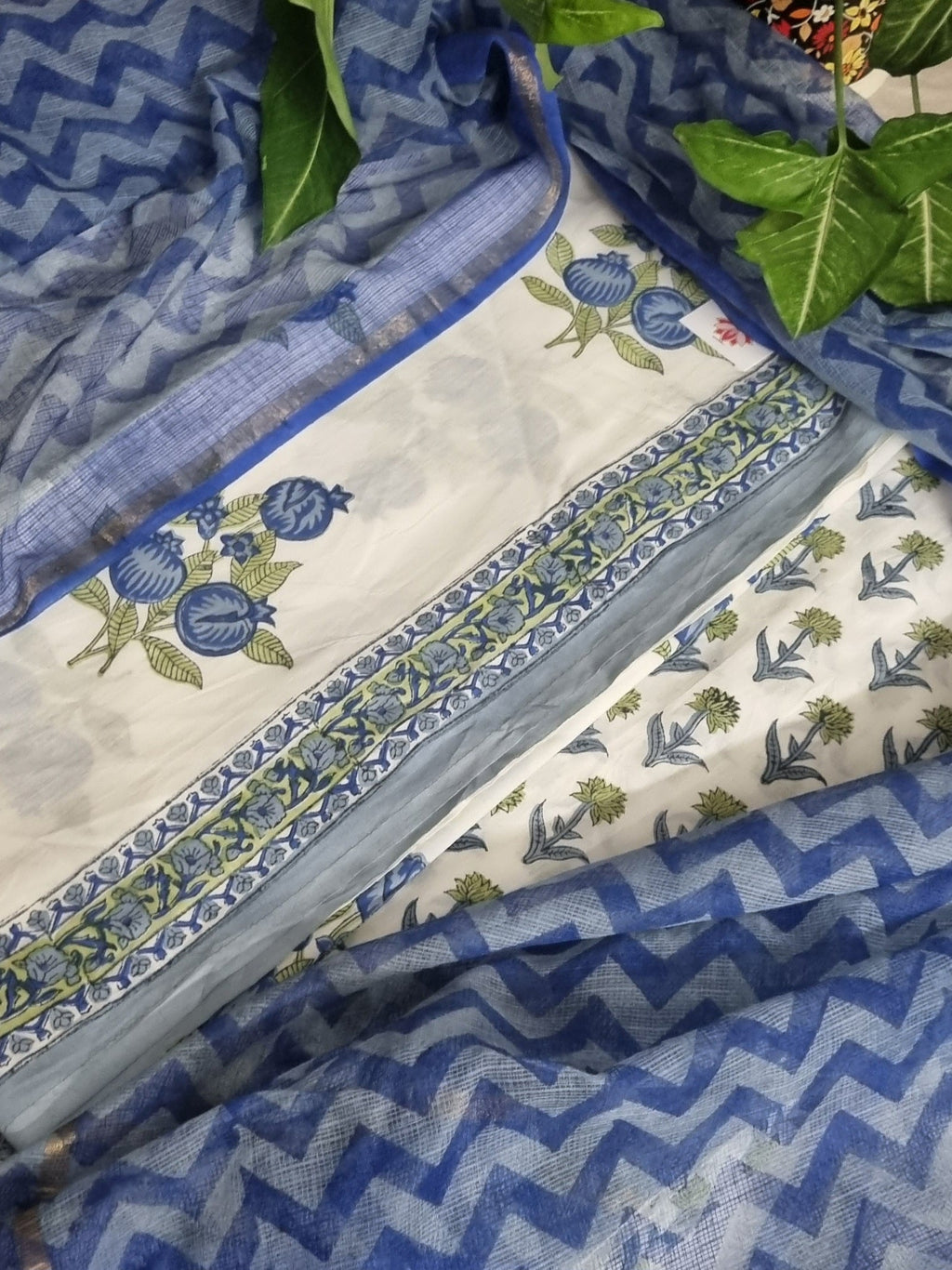 Indian Handloom 3-Piece Unstitched Suit – Pomegranate Block Print Cotton with Kota Doria Dupatta Detail