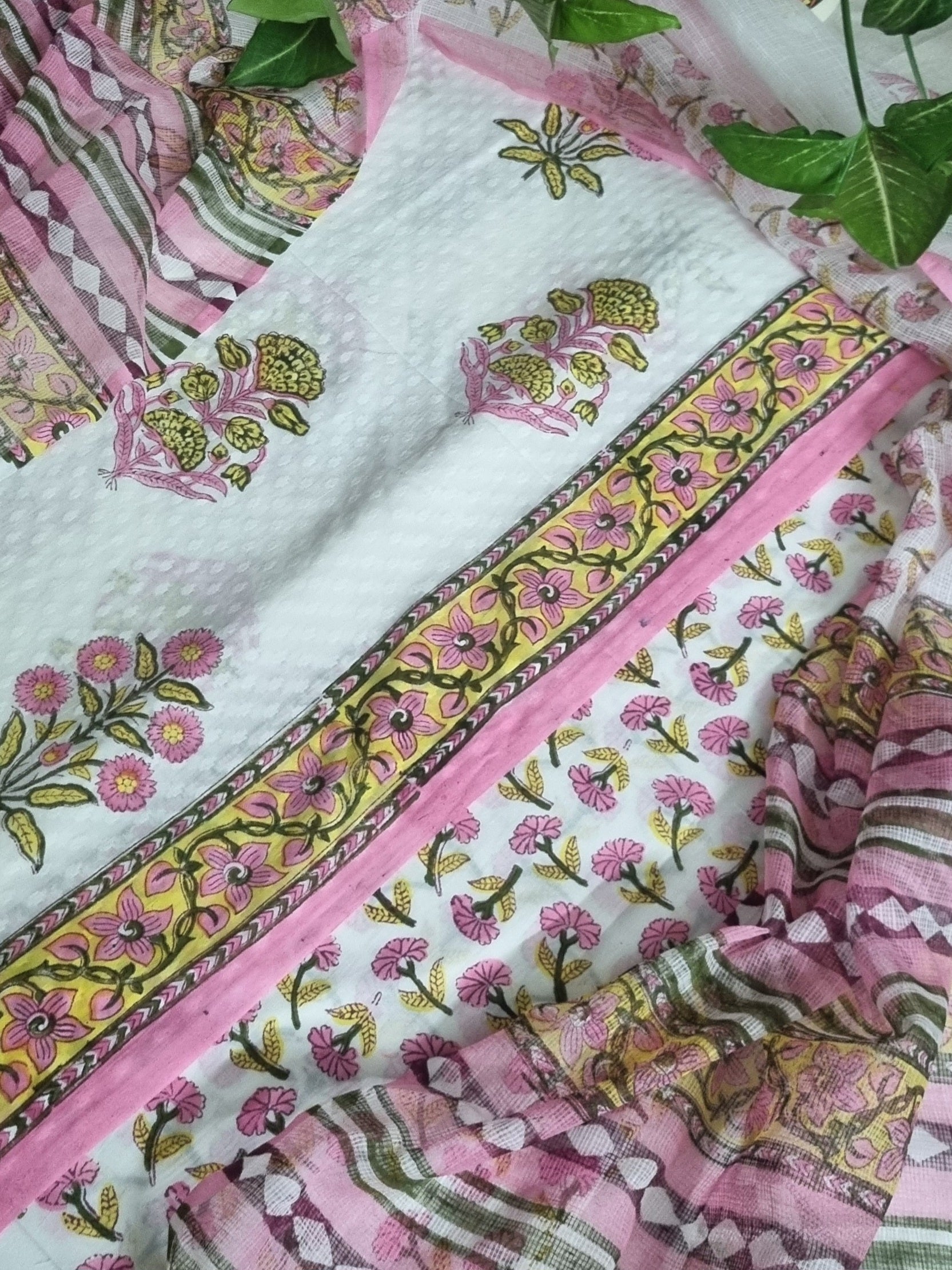 Kota Doria Dupatta with Floral Block Print Cotton Suit – White & Pink Handloom Set