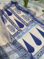 White and blue placement block print unstitched suit set – styled view