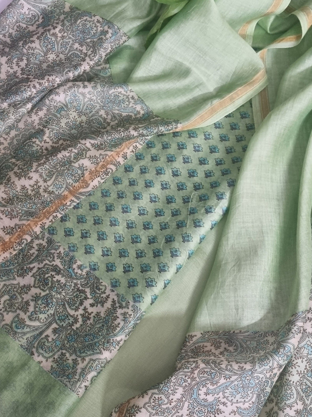Booti print Chanderi silk unstitched suit set – blue and green close-up