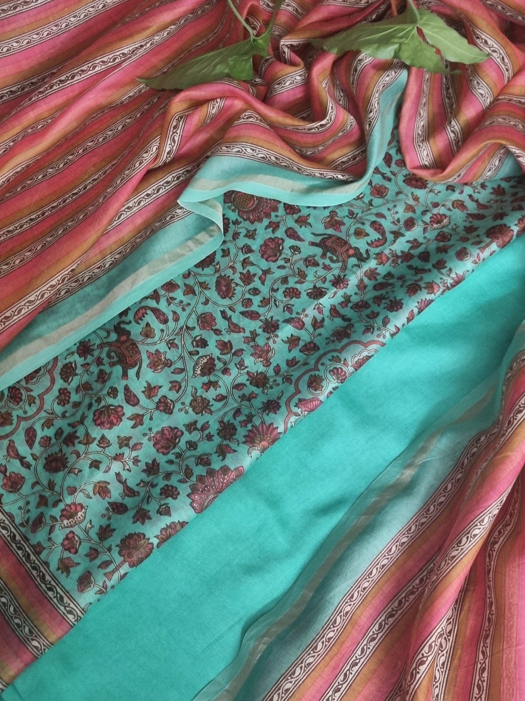 Floral Mughal print Chanderi silk unstitched suit set – turquoise green close-up
