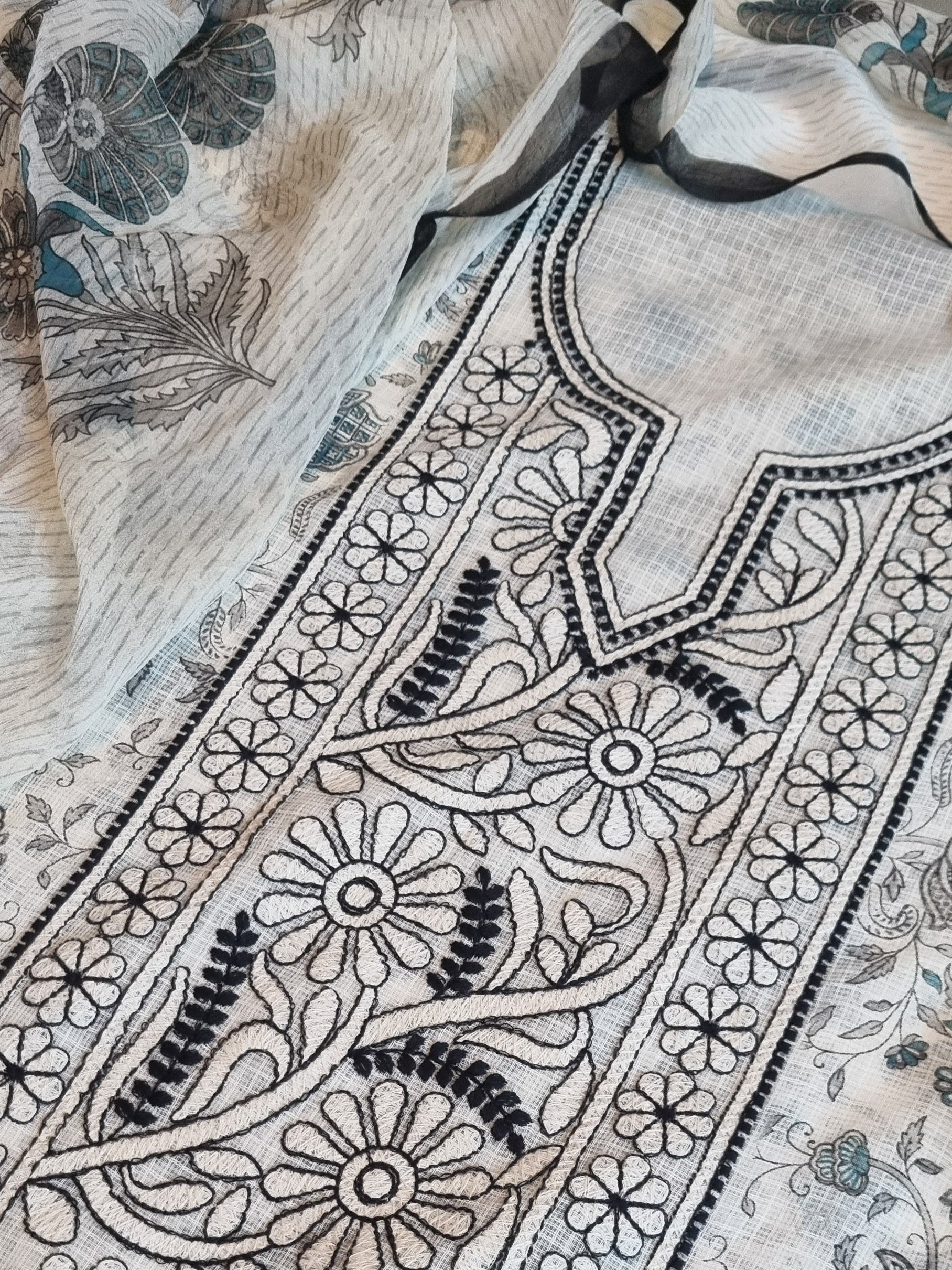 Kota fabric unstitched suit detail – off white black Chikankari Indian handloom