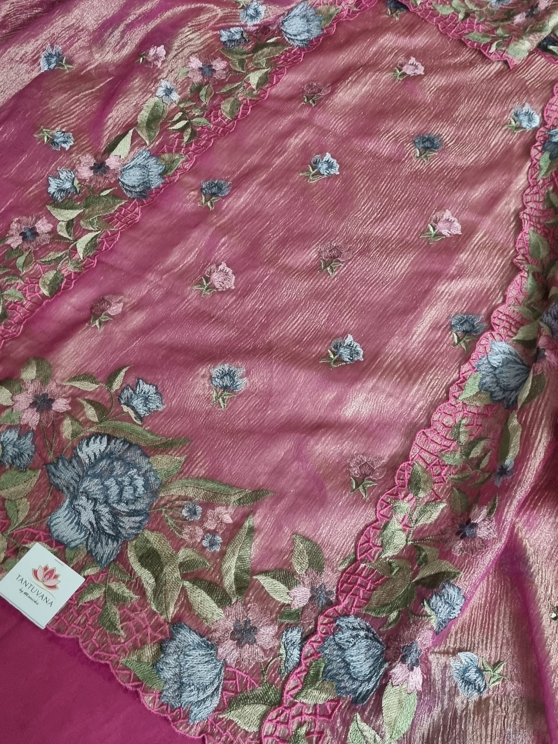 Side drape – pink Indian handloom unstitched suit with embroidered border