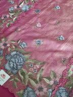 Close-up – embroidery on pink silk tissue dupatta border
