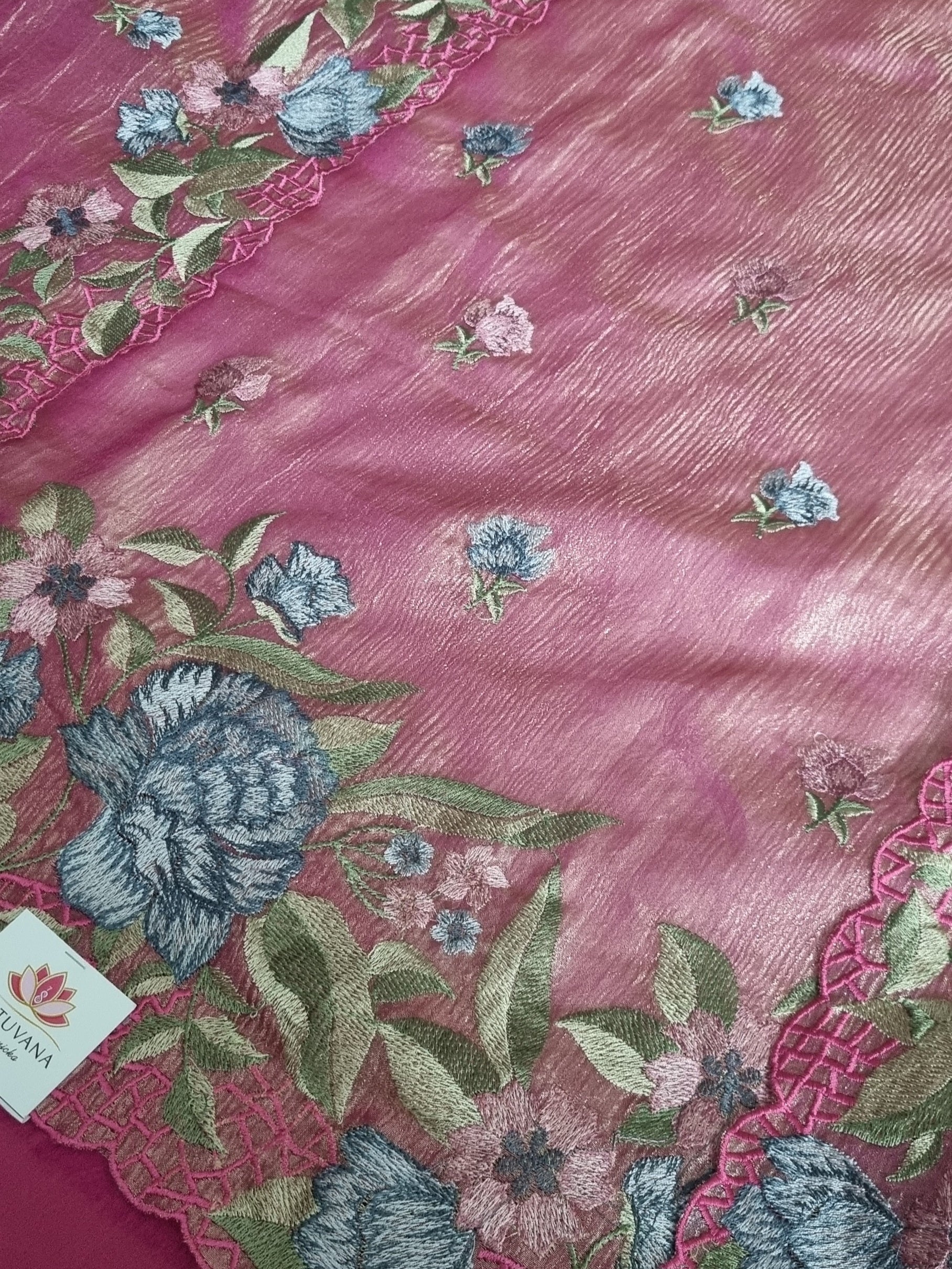 Close-up – embroidery on pink silk tissue dupatta border