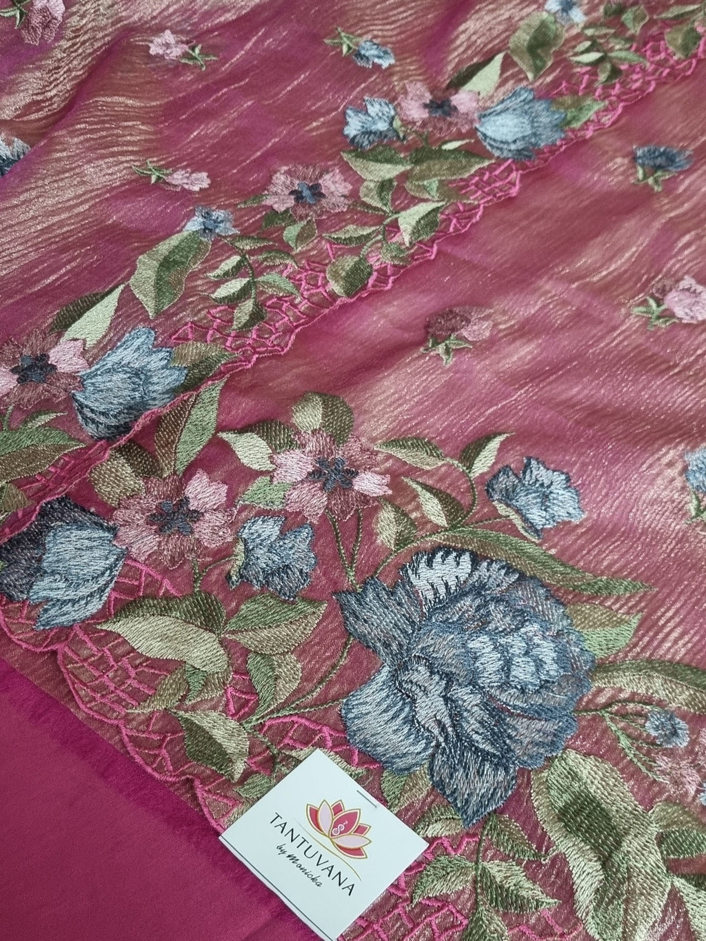 Dupatta detail – machine embroidered silk tissue dupatta in pink and gold