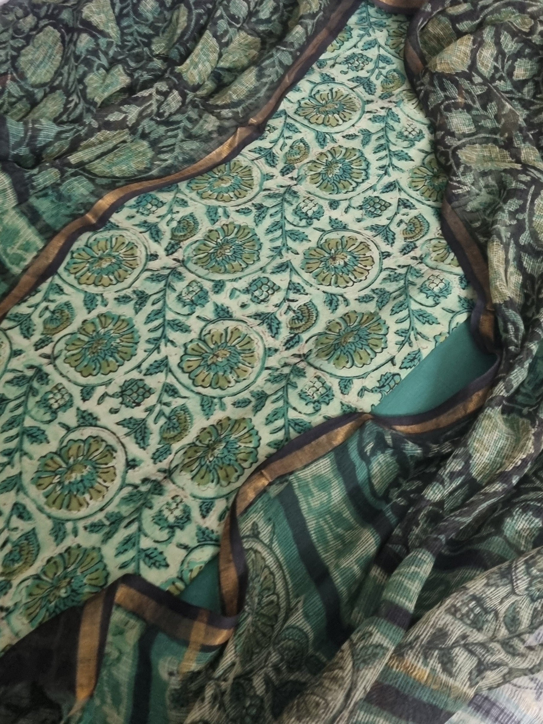 3-piece unstitched block print suit in green with matching dupatta – Indian handloom