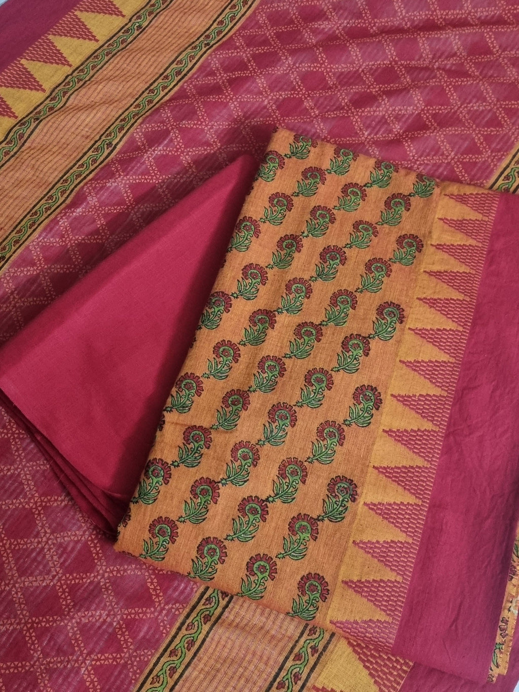 3-piece Indian handloom suit fabric – red orange cotton unstitched set