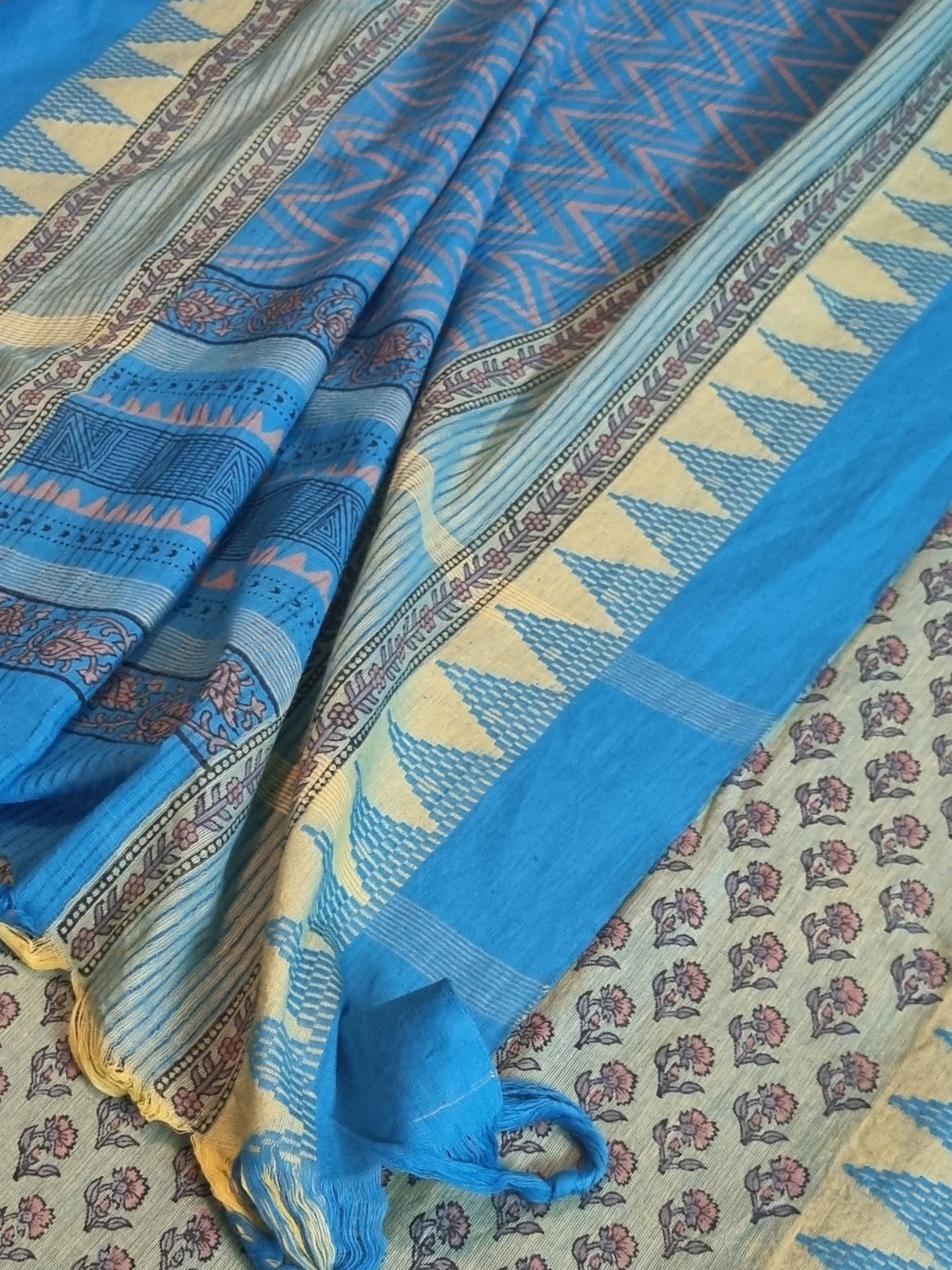 Handwoven Cotton Dress Material – Blue & Green Indian Handloom