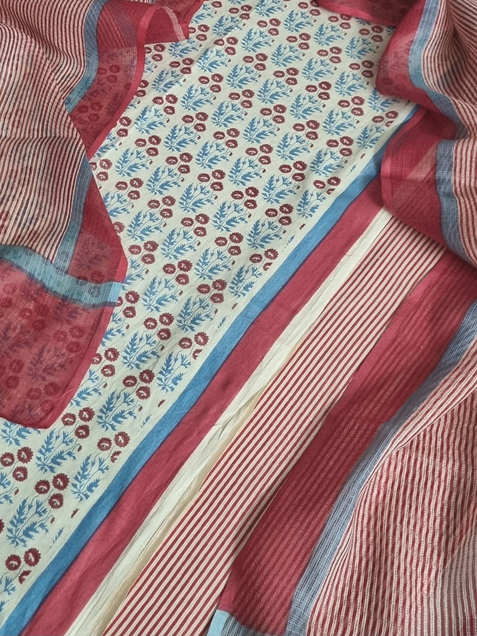 Beige Blue & Red Cotton Unstitched Suit Set with Kota Doria Dupatta – Hero Shot