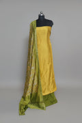 Maheshwari Silk 3-Piece Unstitched Suit Set in Yellow and Green – Front View