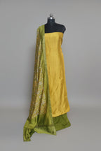 Maheshwari Silk 3-Piece Unstitched Suit Set in Yellow and Green – Front View