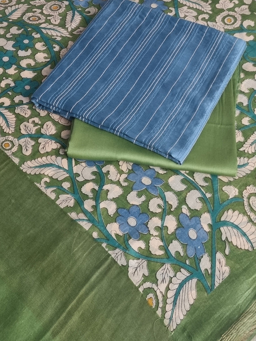 Blue green Kalamkari Chanderi 3-piece unstitched suit – full length view