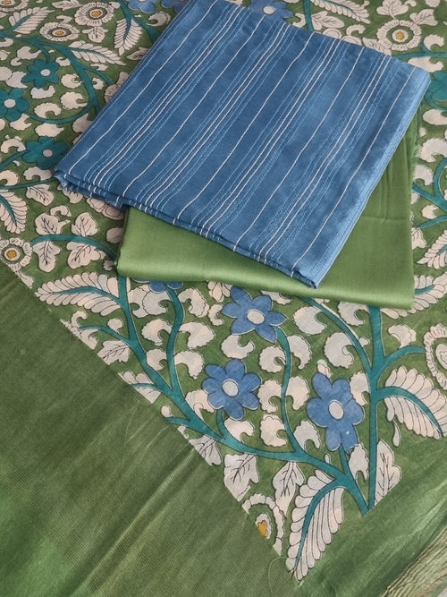 Blue green Kalamkari Chanderi 3-piece unstitched suit – full length view