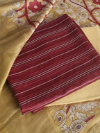 Maroon and yellow handloom Chanderi silk unstitched suit set – styled portrait