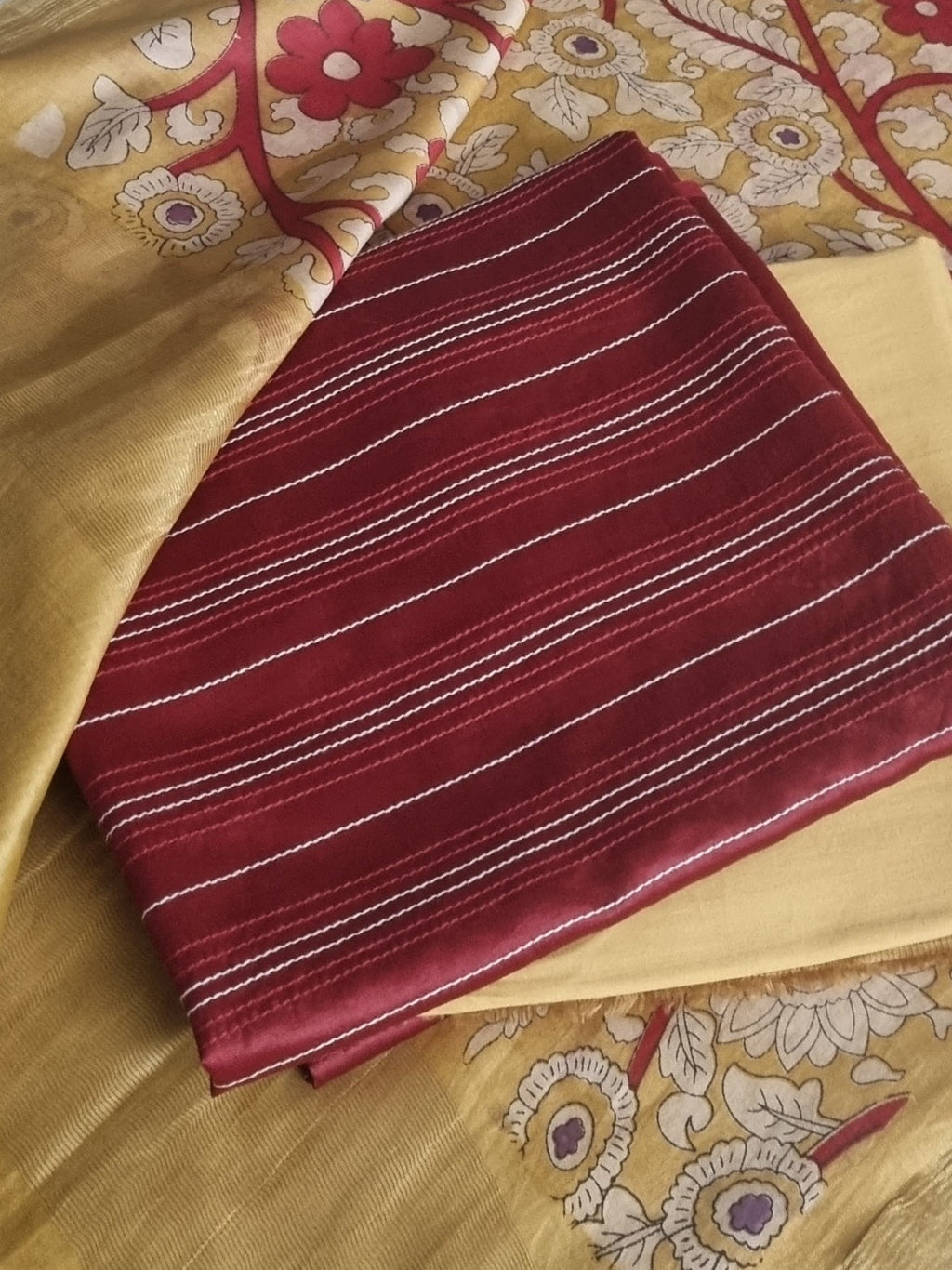Maroon and yellow handloom Chanderi silk unstitched suit set – styled portrait