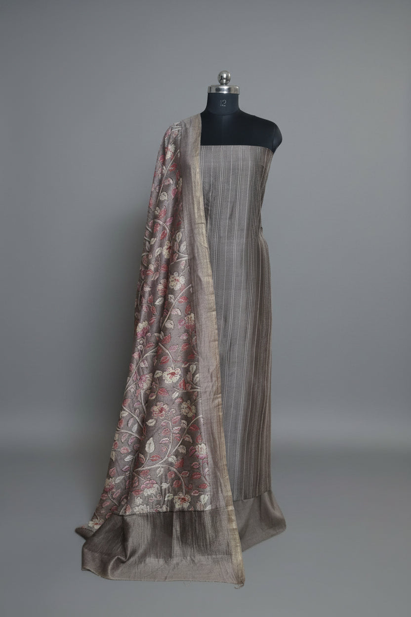 Brown Kalamkari Chanderi Silk 3-Piece Unstitched Suit Set with Zari Dupatta | Tantuvanacrafts