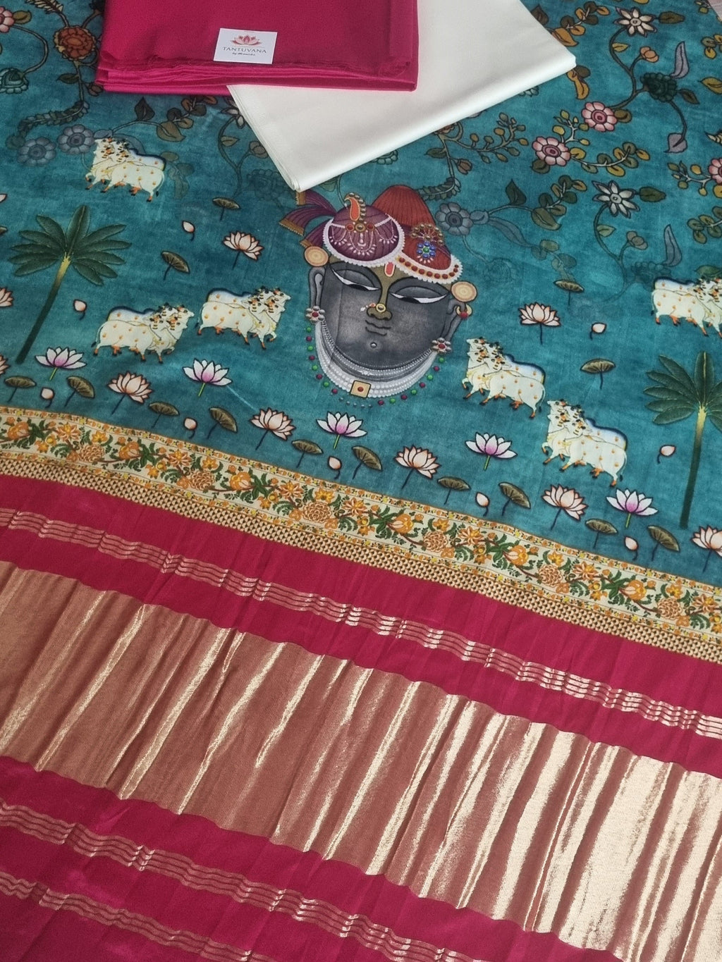 Pichwai print cotton silk salwar suit material in pink and off white – detail shot