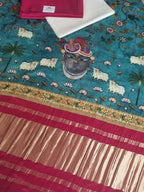 Pichwai print cotton silk salwar suit material in pink and off white – detail shot
