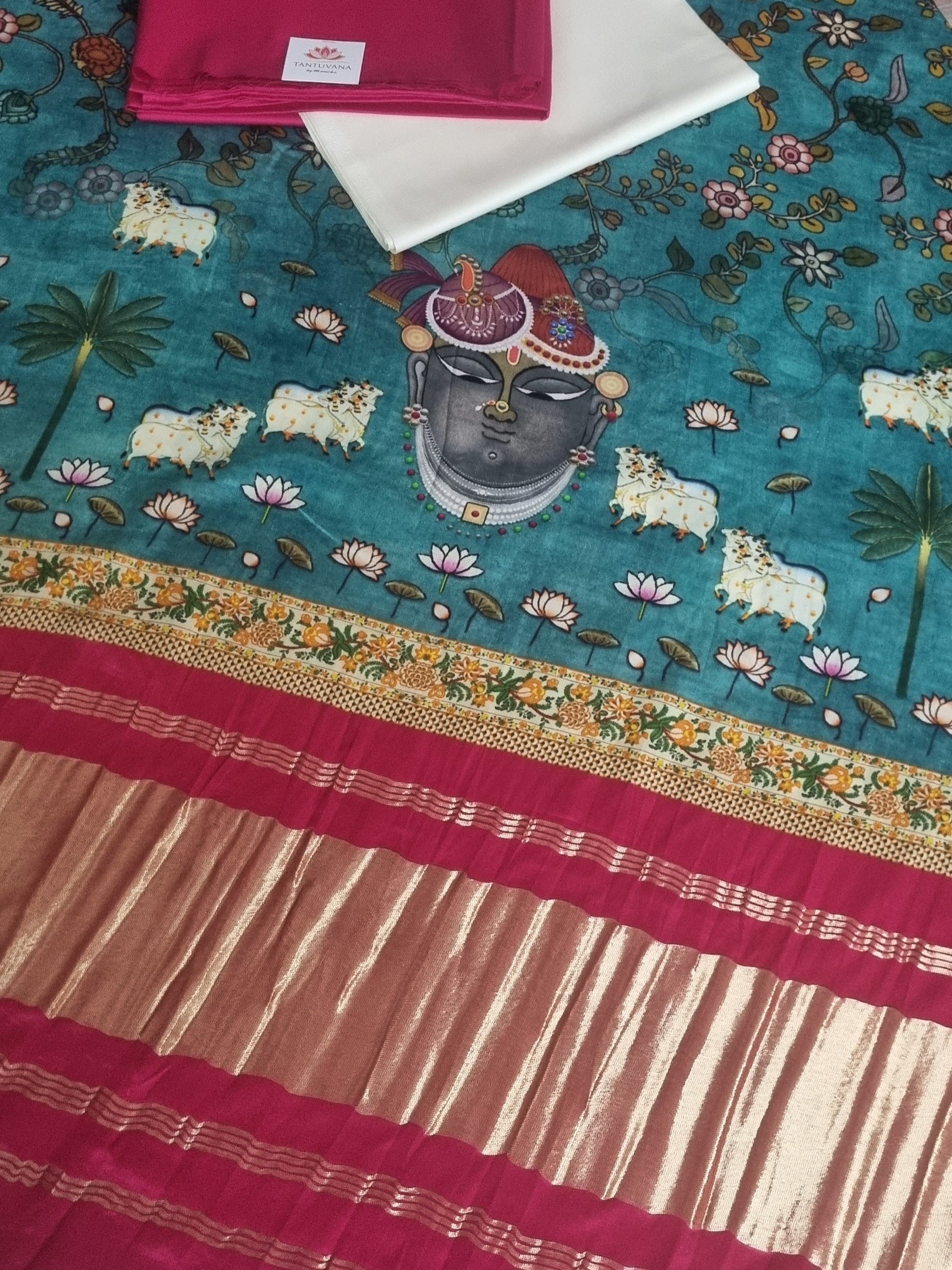 Pichwai print cotton silk salwar suit material in pink and off white – detail shot