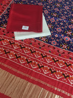 Close-up of red and off white cotton silk fabric with Patola print dupatta – 3-piece unstitched suit set