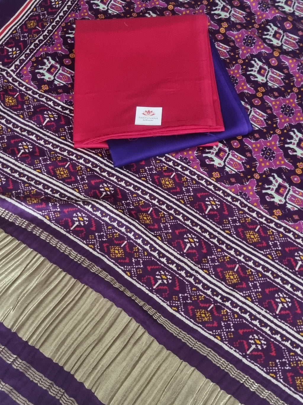 Patola print dupatta with cotton silk kurta fabric – pink and purple unstitched set detail