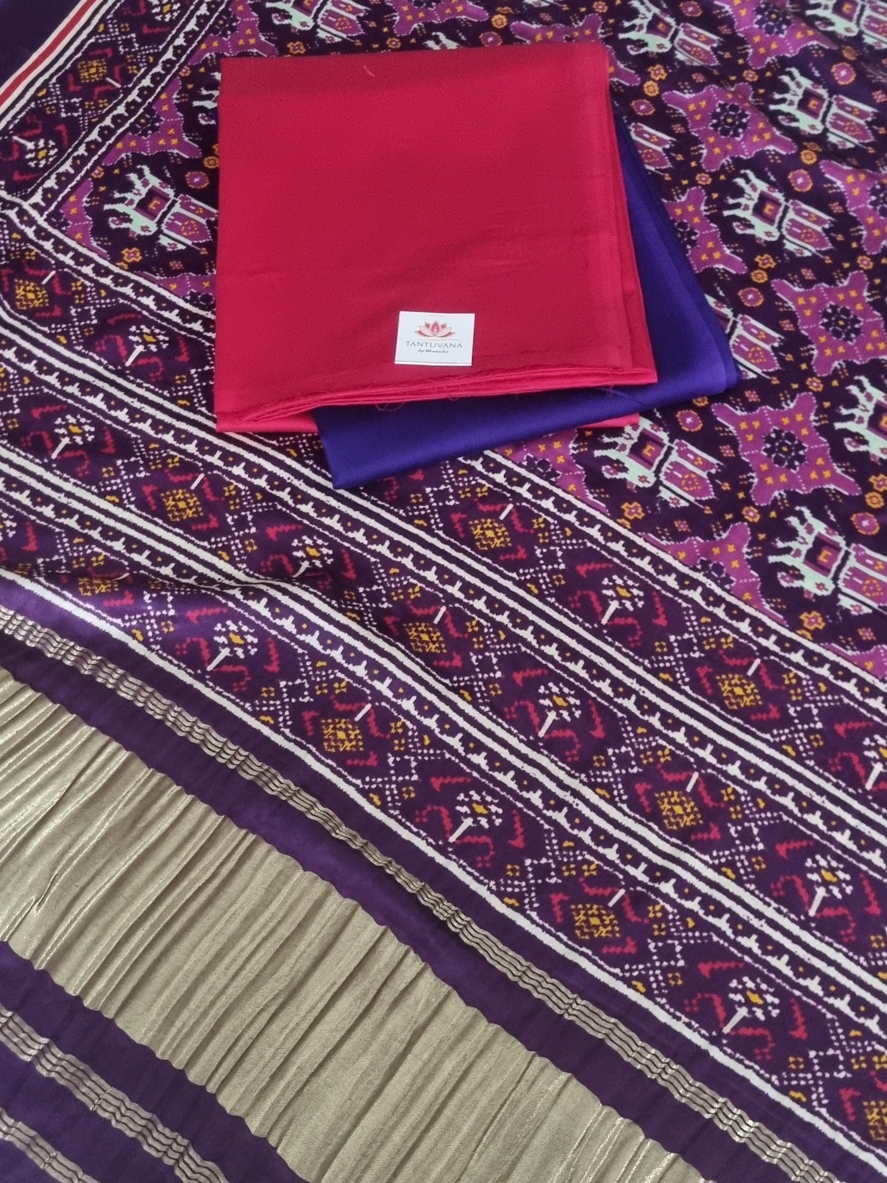 Patola print dupatta with cotton silk kurta fabric – pink and purple unstitched set detail