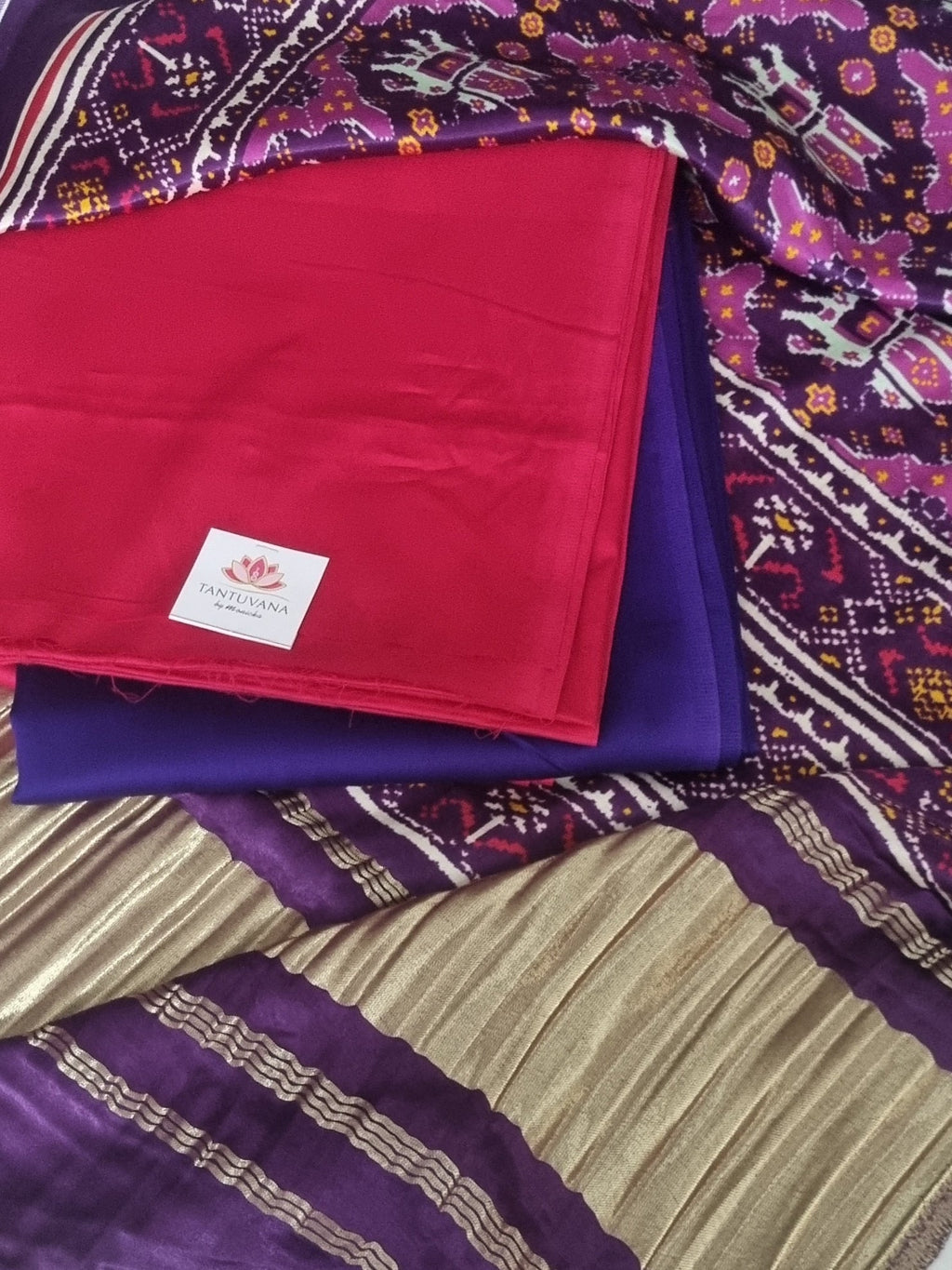 Cotton silk Patola print 3-piece unstitched suit set in pink and purple – styled look
