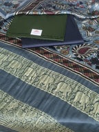 Forest green and beige-gold 3-piece unstitched suit set with Gajji Silk Kalamkari dupatta – flat lay
