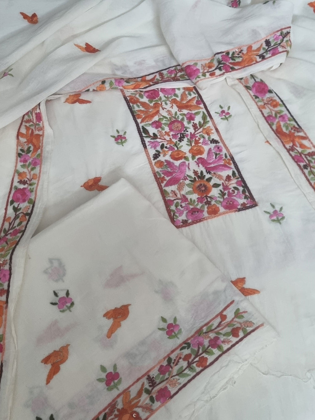 Parsi Gara hand-embroidered orange bird motif cotton 3-piece unstitched suit – detail shot