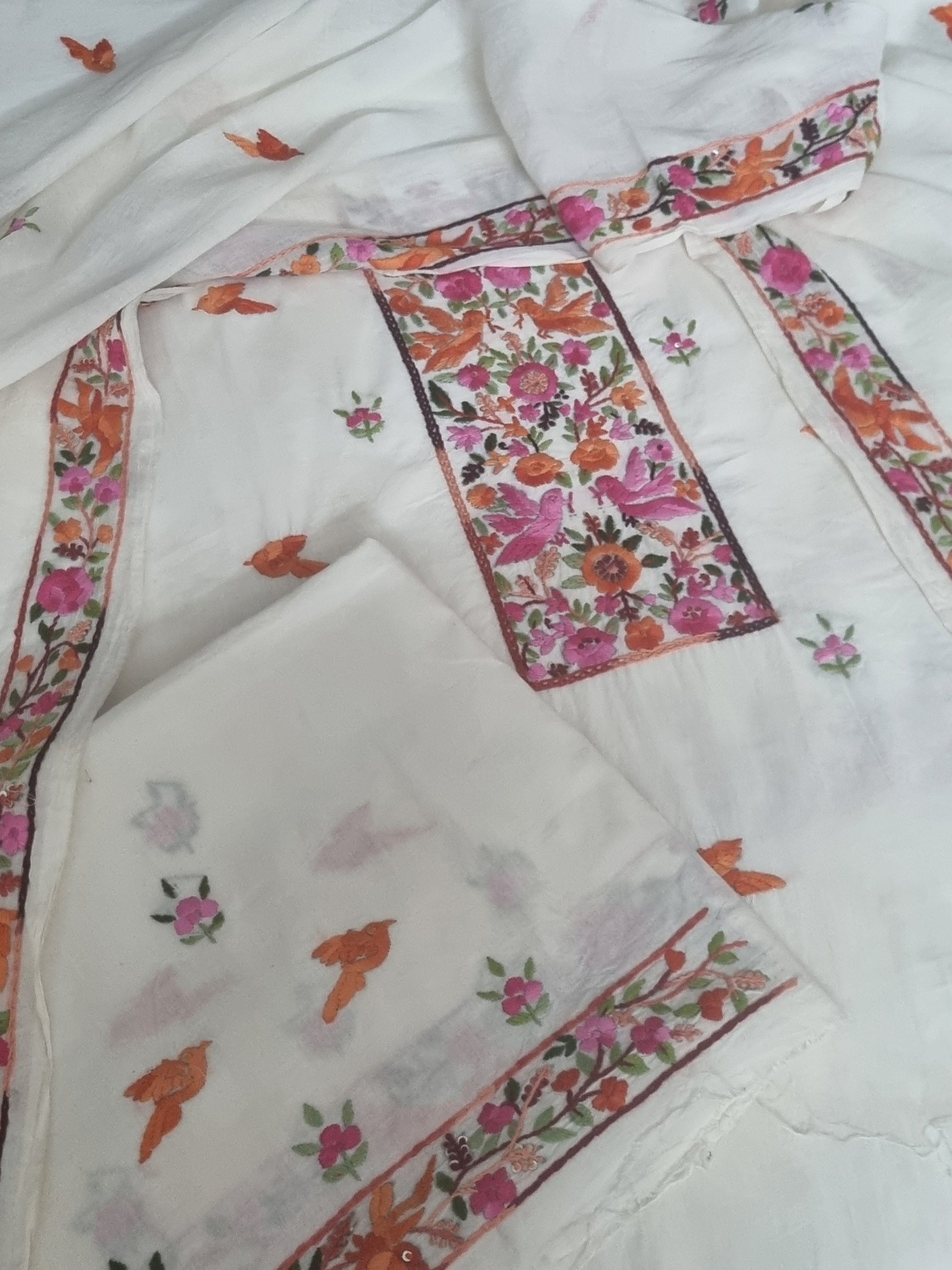 Parsi Gara hand-embroidered orange bird motif cotton 3-piece unstitched suit – detail shot