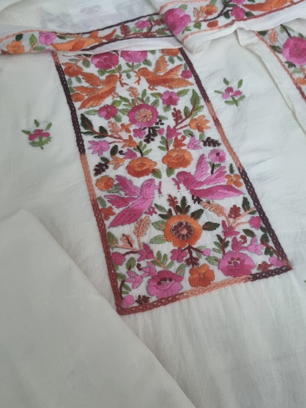 Cream cotton unstitched salwar suit with orange bird Parsi Gara embroidery – fabric view